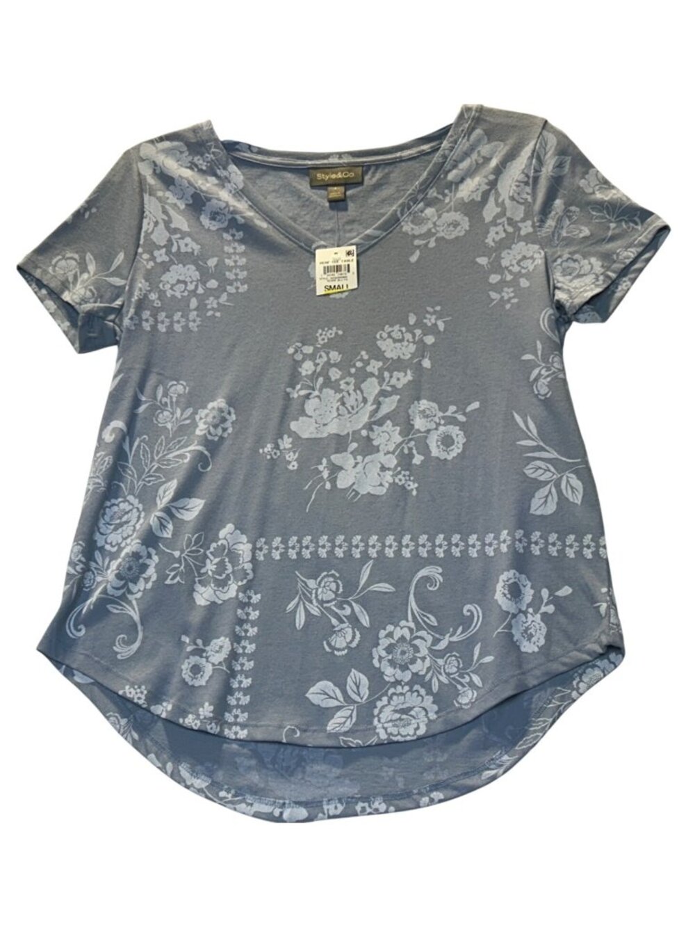 Style & Co Blue Womens Small Floral Print V-Neck Tee Lightweight Casual Top